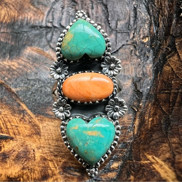 925 Sterling Silver Turquoise & Spiny Oyster Triple Stone Ring Sz 9